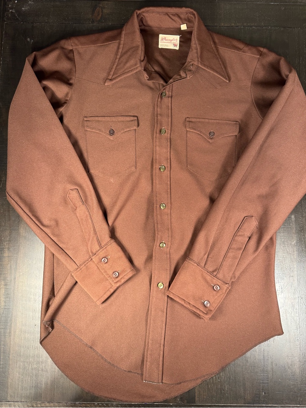 VTG 70s Wrangler Permanent Press Long Tails Western Shirt Brown Large 16 35 USA